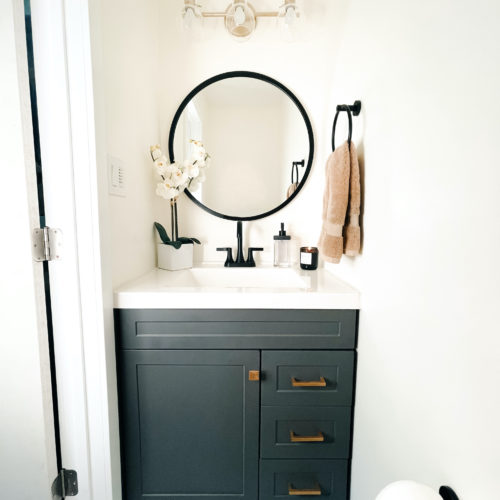 Gray, black and gold powder bathroom