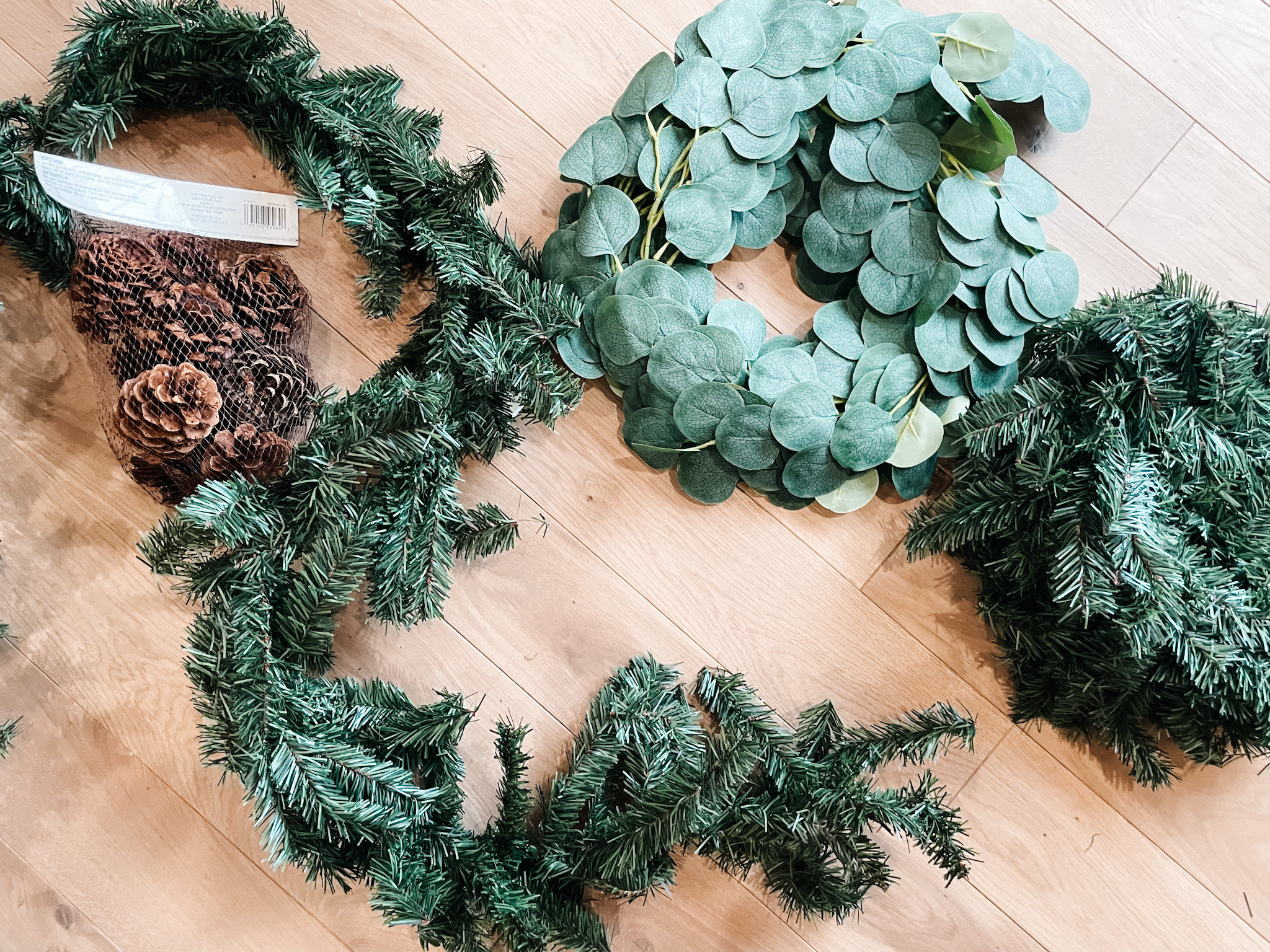 Christmas Garland with eucalyptus and pine cones before assembly