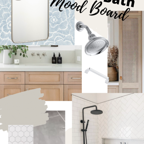 En Suite Bathroom plan with grey slate floors, white tile backsplash and warm brown cabinets