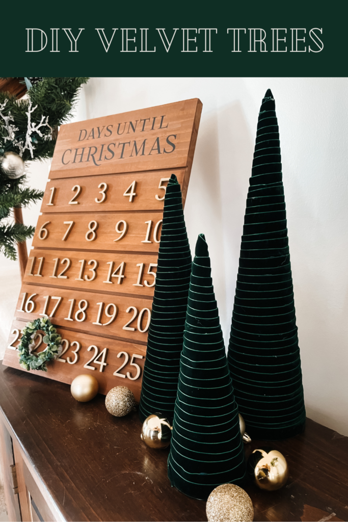 green velvet ribbon wrapped around cones to create a modern christmas tree